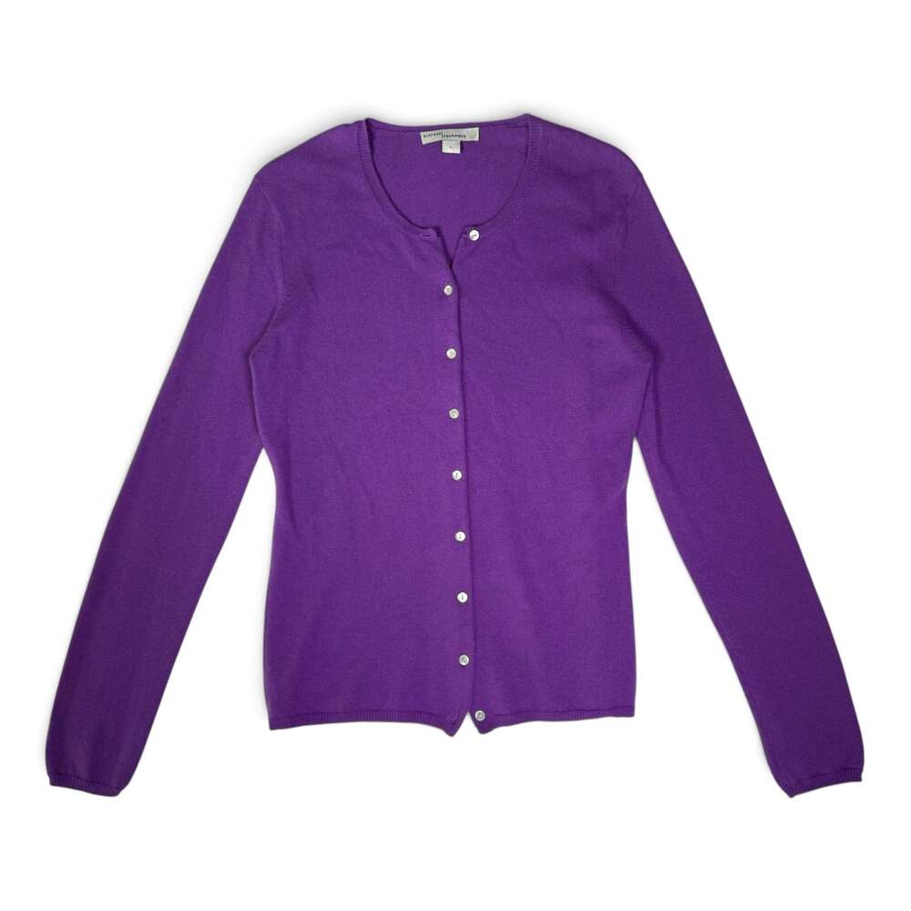 100% Cashmere Cardigan Sweater Womens L Purple Button Front Kinross Office Fall